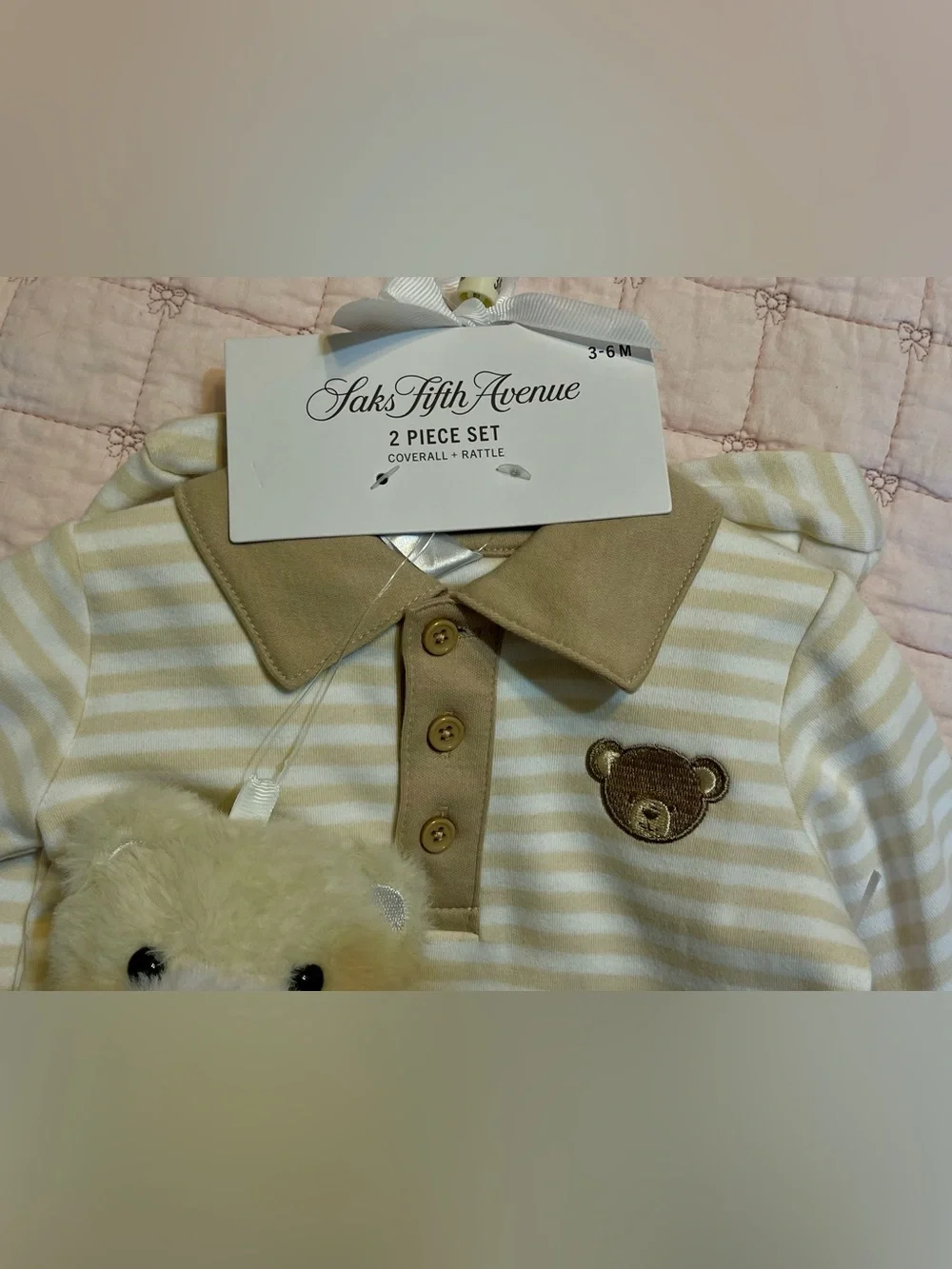 Saks Fifth Avenue 2 -Piece Set Striped Romper with Teddy Bear Rattle 3-6 months
